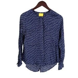 Maeve Anthropologie Bird Print Blouse Womens Size 4 Navy Blue Rayon Button Front